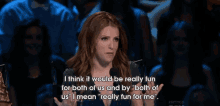 a woman speaking into a microphone with the words i think it would be really fun