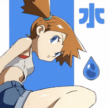 a cartoon drawing of a girl with a drop of water and the letter g on the bottom right