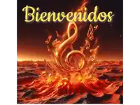 a poster that says bienvenidos with a treble clef on fire