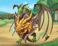 a green and gold dragon holding a shield and sword