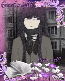 a picture of a girl reading a book with the words good night sleep well on it