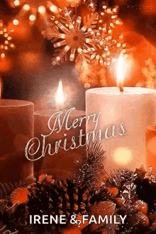 a merry christmas greeting card with candles and pine cones
