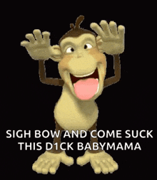 a cartoon monkey is making a funny face and sticking its tongue out while standing on a black background .
