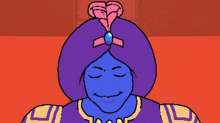a pixel art drawing of a person with their eyes closed and a purple turban on their head