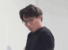 a man wearing glasses and a black shirt