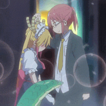 a couple of anime characters standing next to each other with bubbles surrounding them