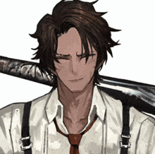 a man wearing suspenders and a tie is holding a baseball bat over his shoulder