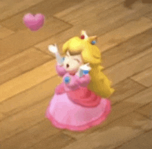 princess peach is standing on a wooden floor with her arms outstretched and a heart flying in the air .