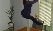 a computer generated image of a man sitting at a table and a woman standing on a pole