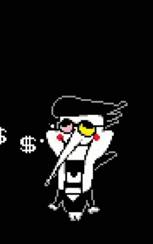 a pixel art of a cartoon character with a dollar sign in the background .