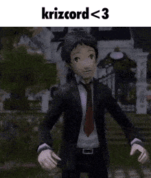 a man in a suit and tie is standing in front of a building with the words krizcord < 3 written above him