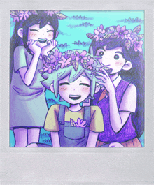 a drawing of three anime characters with flowers in their hair