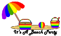 a pixel art drawing of a beach party with a rainbow umbrella and buckets