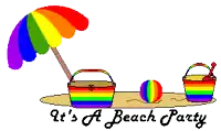 a pixel art drawing of a beach party with a rainbow umbrella and buckets