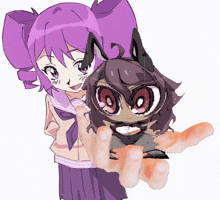 a drawing of a girl with purple hair holding a cartoon character