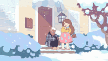 a boy and a girl are sitting on the porch of a house