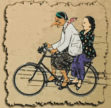 a man with a long nose is riding a bicycle with a woman on the back