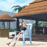 a girl is sitting in a chair on a beach wearing a shirt that says ' hawaii ' on it