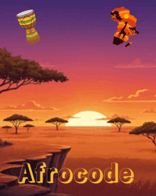 a cartoon illustration of an african landscape with the words afrocode below it