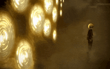 a person is standing in front of a wall of lights and smoke