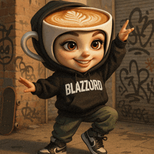 a little girl wearing a hoodie that says blazzard