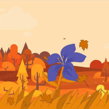 a blue flower is in the middle of a field with leaves falling