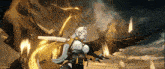 a woman with wings is standing in front of a giant dragon
