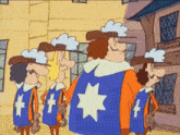 a group of cartoon characters are standing in front of a building and one of them has a blue cape with a star on it
