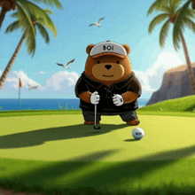 a teddy bear wearing a boi hat is holding a golf club