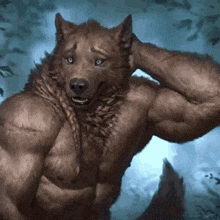 a very muscular werewolf is standing in the woods with his hand on his head .