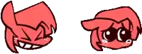 a pixel art drawing of a man and a woman 's faces , one is smiling and the other is crying .