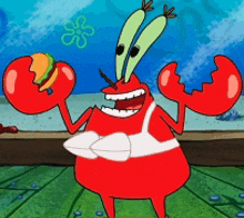 a cartoon character from spongebob holding a hamburger in his hands