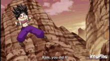 a cartoon character is jumping in the air with the words kale you did it .
