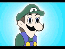a cartoon of a man with a mustache wearing a hat and overalls .