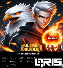 a poster for situs sbobet hari ini shows a man holding a fireball