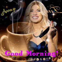 a picture of a woman holding a microphone next to a cup of coffee with the words good morning