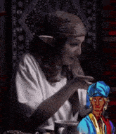 a woman with a scarf around her head and a man in a blue hat