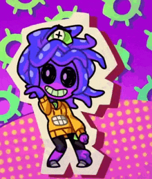 a cartoon character with blue hair and a green hat