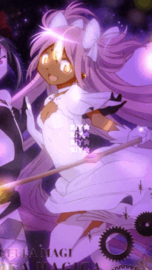 a girl with purple hair and white gloves is holding a wand and the words " stella magi magica " on the bottom