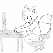 a black and white drawing of a fox sitting at a desk with a computer .