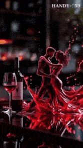 a man and a woman are dancing in a red dress on a red surface .