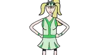 a cartoon drawing of a girl wearing a green dress and a tiara