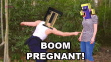 a cartoon of a man pointing at a woman with the words boom pregnant behind him