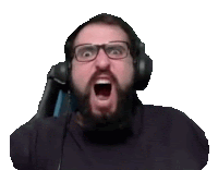 a man with glasses and a beard is wearing headphones and making a funny face .