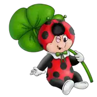 a ladybug is holding a green leaf in its hand