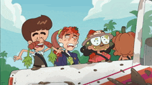a group of cartoon characters are sitting in a car