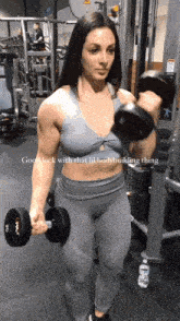 a woman is lifting dumbbells in a gym with the caption " good luck with that lil body building thing "