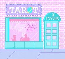 a pixel art illustration of a tarot shop and a psychic booth