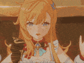 a girl with long blonde hair and blue eyes holding a fan
