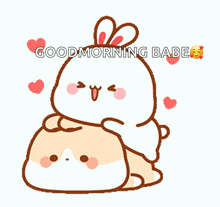 a cartoon of a rabbit holding a cell phone with the words good morning babe above it